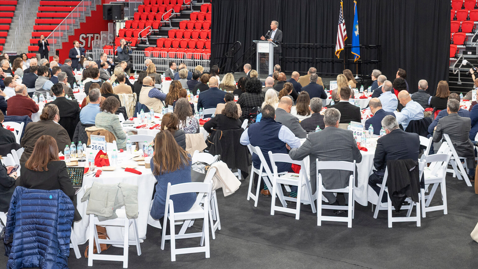 Image of Connecticut Governor Ned Lamont speaking at the Mahoney Arena
