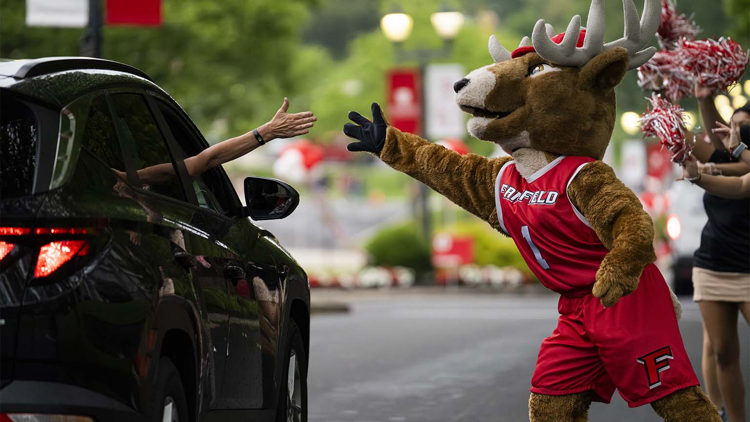 Image of Lucas the Stag cheerfully waving at people