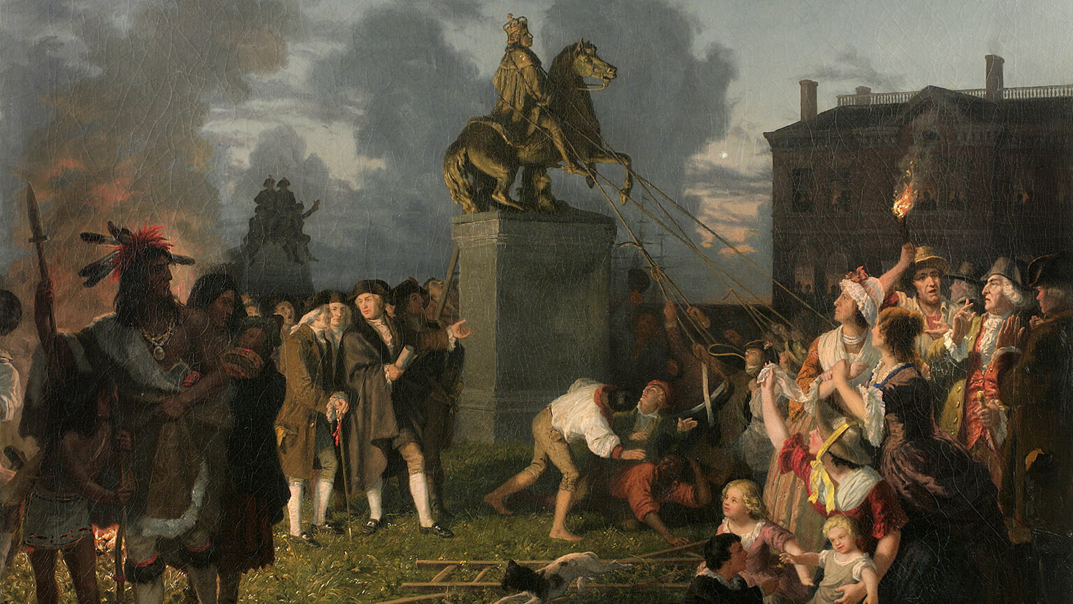 A painting depicting a crowd of people gathered around a statue of a man on horseback in a public space.
