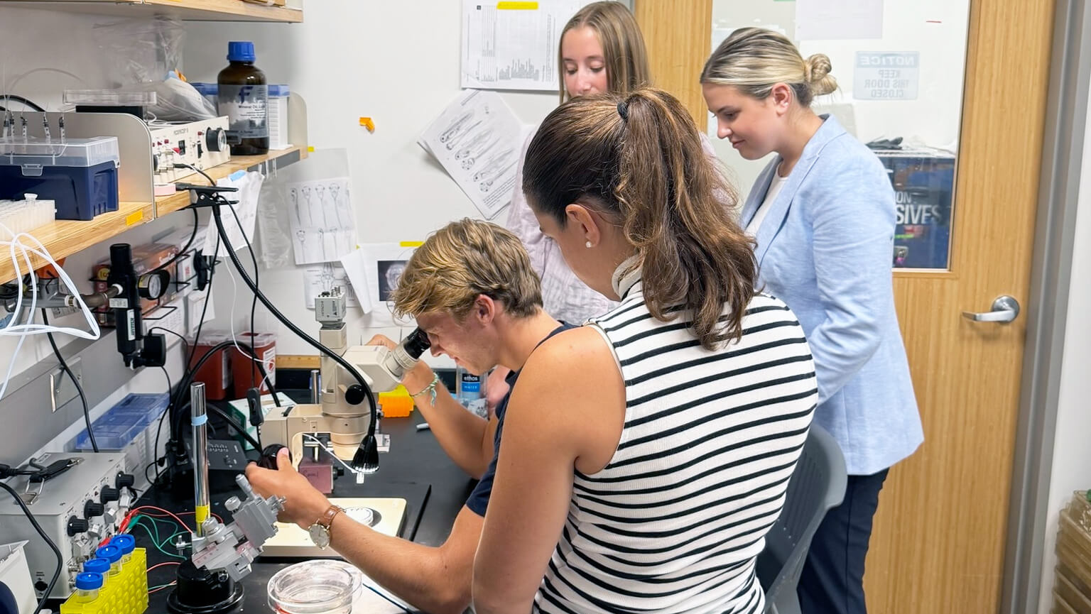 Three women collaborate in a laboratory, focused on a scientific project with various equipment around them.  