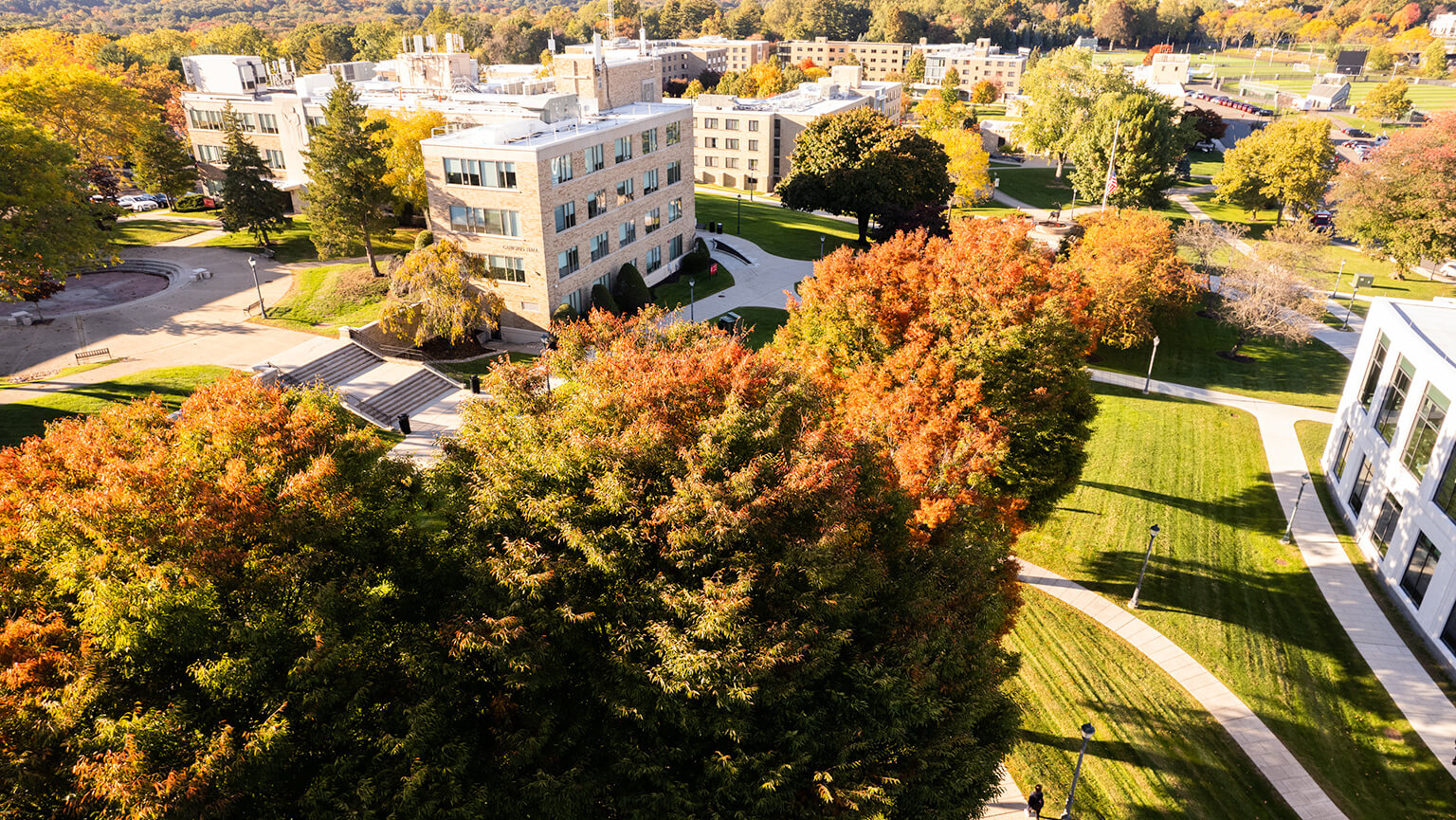 A scenic view of a Fairfield Univesrity campus featuring lush trees and various buildings under a clear blue sky.
