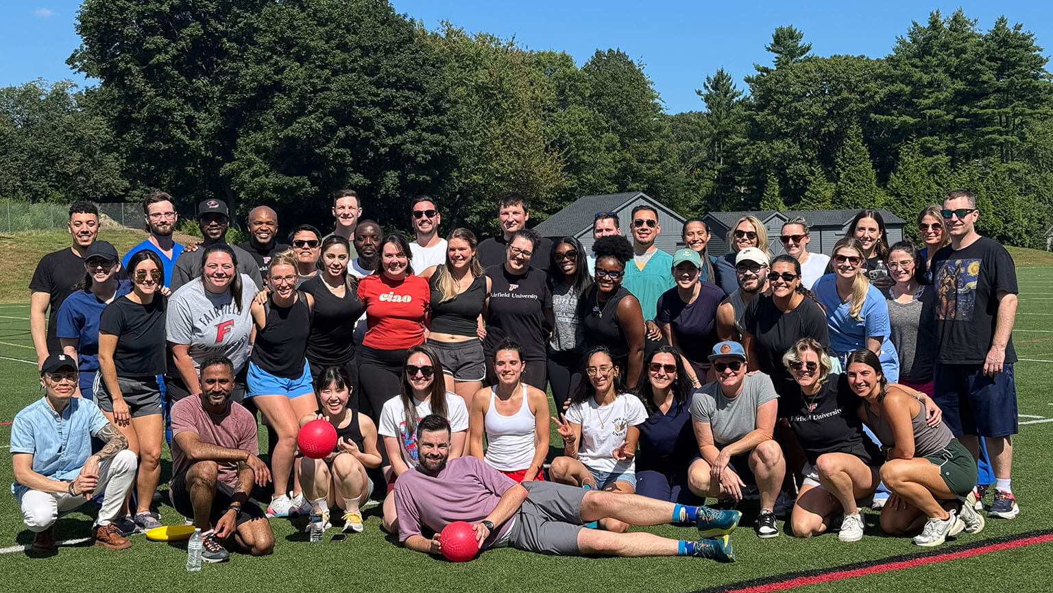 Austin and main campus nurse anesthesia students taking a group photo before a combined kickball game.