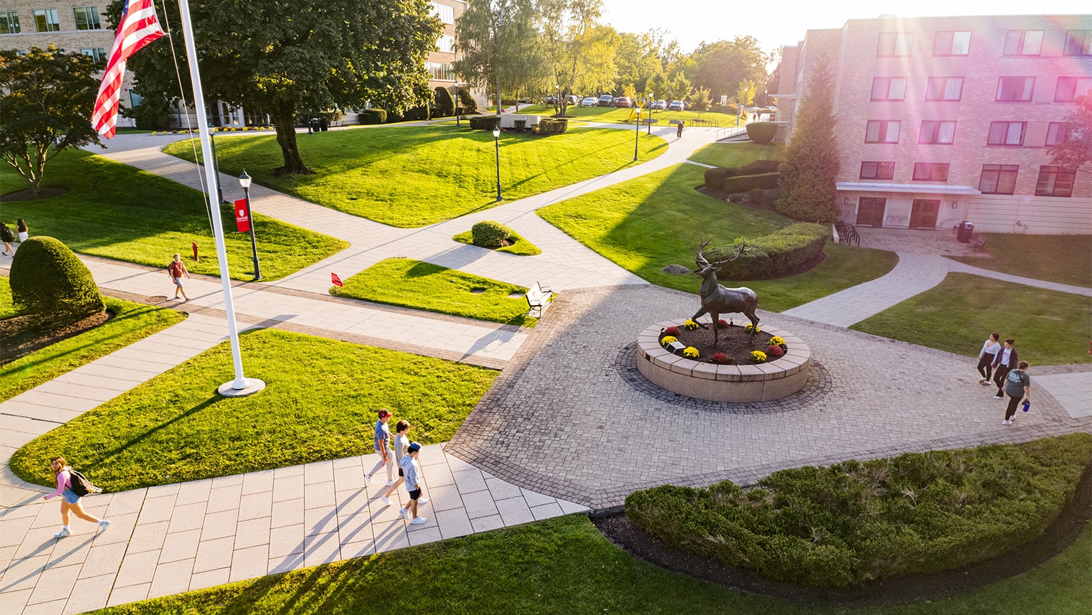 Wide aerial shot of Fairfield's main walkway intersection, featuring the Lucas the Stag statue.