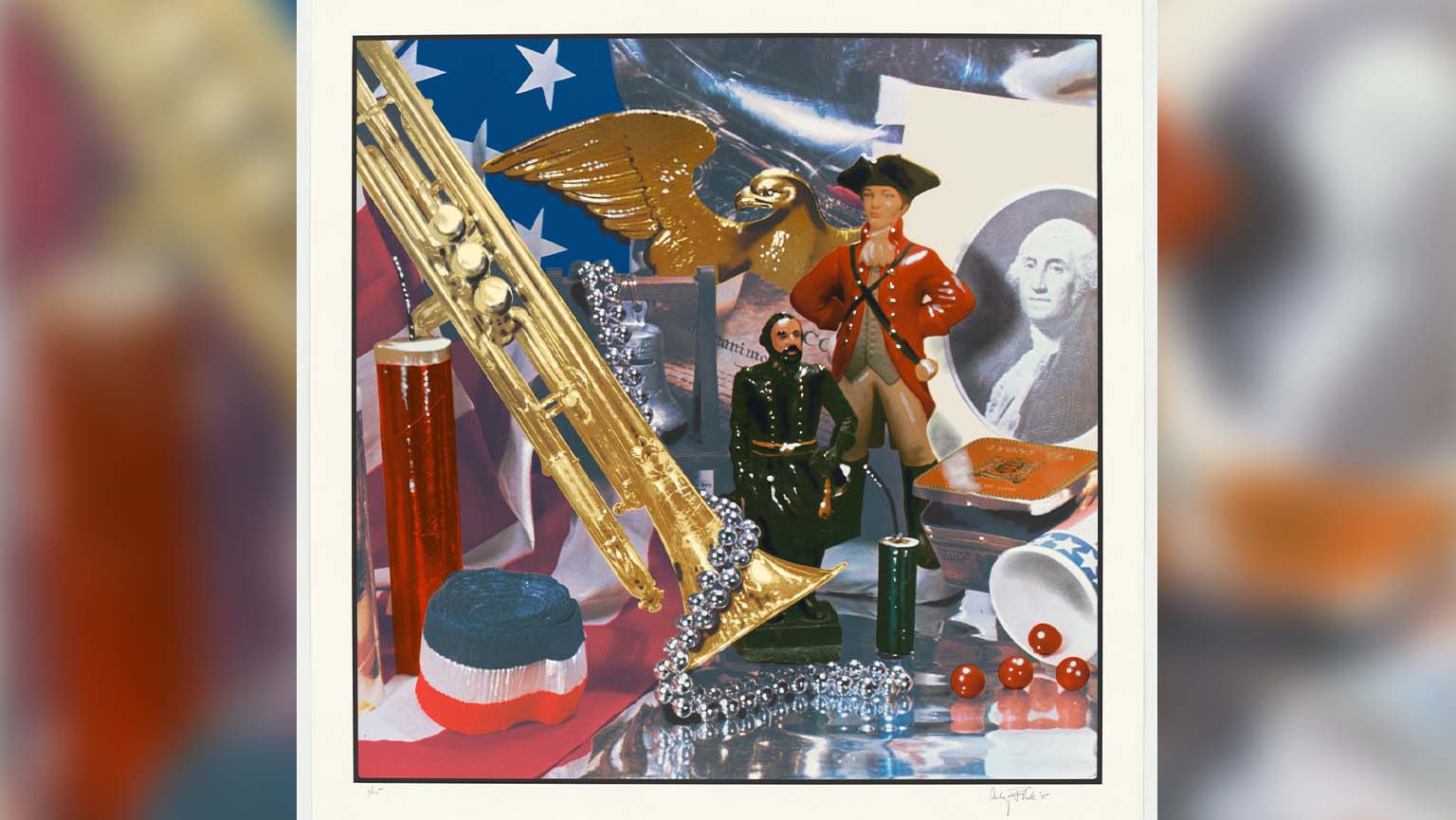 Artwork displayed in an art museum, showcasing a piece titled "For Which It Stands..." with vibrant colors and intricate details.