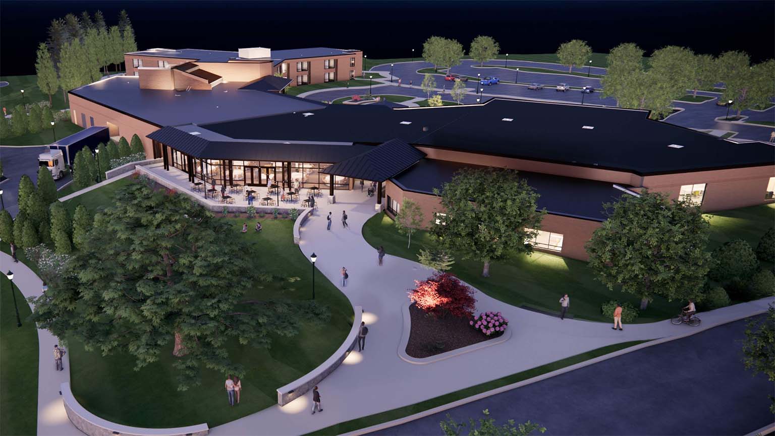 Artist's rendering of the new residence hall building, showcasing modern design and vibrant landscaping.