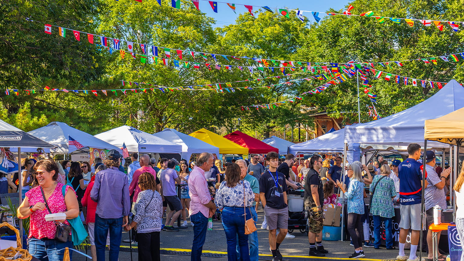 Crowded outdoor festival with colorful tents and international flags strung above on a sunny day.