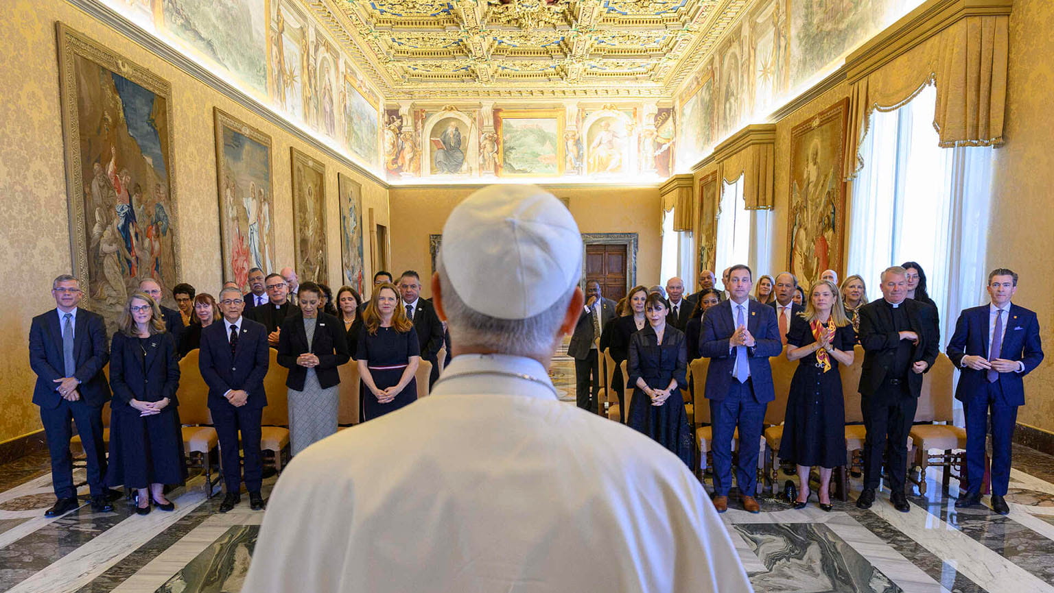 Attendants of an Association of Jesuit Colleges and Universities (AJCU) delegation meeting with Pope Leo XIV.