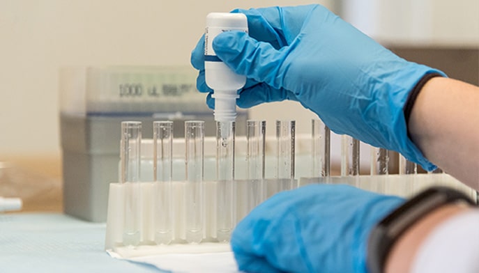 A student's gloved hands working in a science lab.