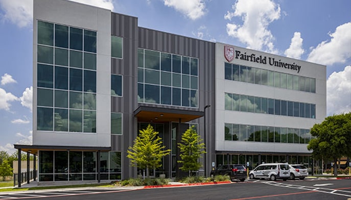 External view of the Fairfield University Austin, Texas campus building during the day.