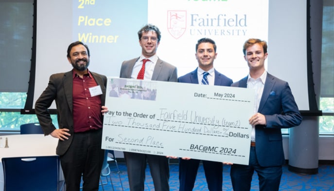 Fairfield Dolan's Second-Place Team at Manhattan Business Competition (l-r): Associate Professor Vishnu Vinekar, Joshua Orndorff '24, Spencer Chidley '24, Christian O’Rourke '24.