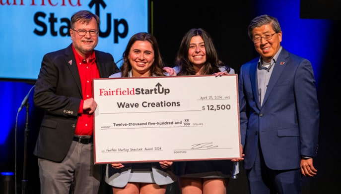 StartUp program director Chris Huntley, Madison Governale '26, Paige Governale '27, and Zhan Li, DBA
