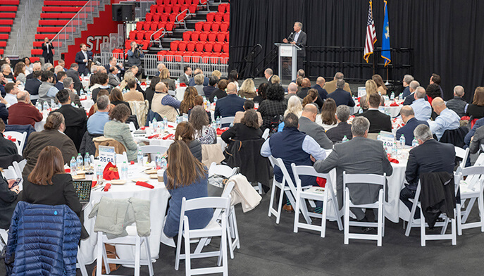 Image of Connecticut Governor Ned Lamont speaking at the Mahoney Arena