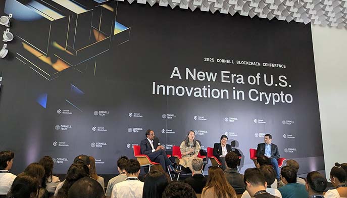 Image of panelists discussing the latest innovations and trends in the cryptocurrency industry during a lively discussion.