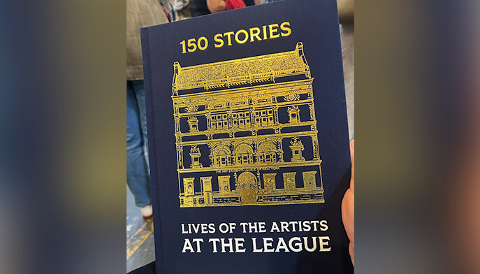 Cover of the book "150 Stories: Lives of the Artists at the League," featuring artistic illustrations and bold text.