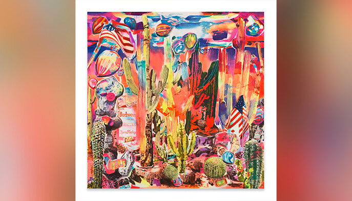 A vibrant painting depicting a desert landscape filled with various cactus plants under a bright blue sky.