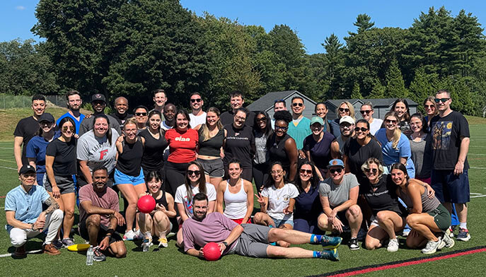 Austin and main campus nurse anesthesia students taking a group photo before a combined kickball game.
