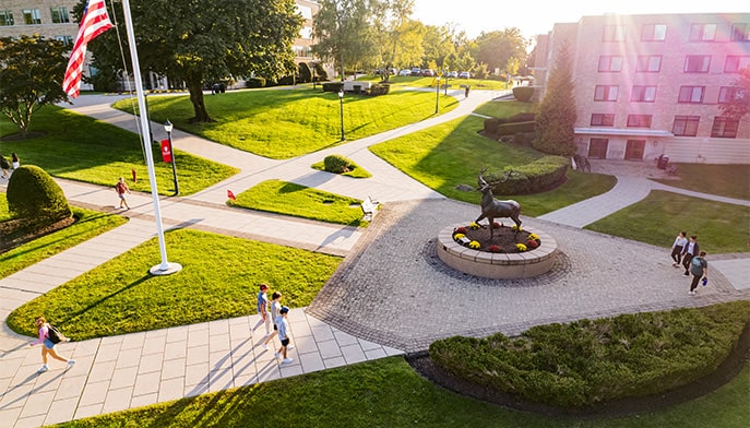 Wide aerial shot of Fairfield's main walkway intersection, featuring the Lucas the Stag statue.