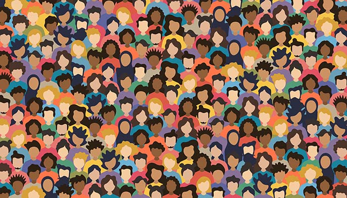 A graphic of a diverse group of individuals in bright clothing, forming a large crowd at an event or gathering.