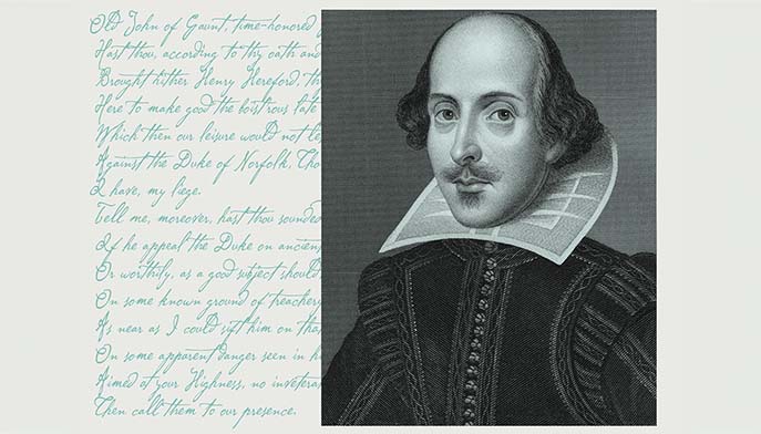 Image of Shakespeare's portrait, featuring his iconic ruff and serious gaze.