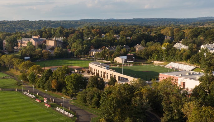 Drone shot of Fairfield University's outdoor Rafferty Stadium.