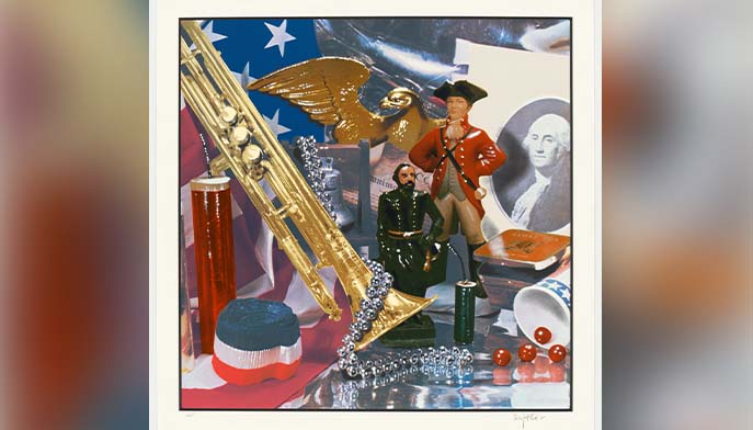 Artwork displayed in an art museum, showcasing a piece titled "For Which It Stands..." with vibrant colors and intricate details.