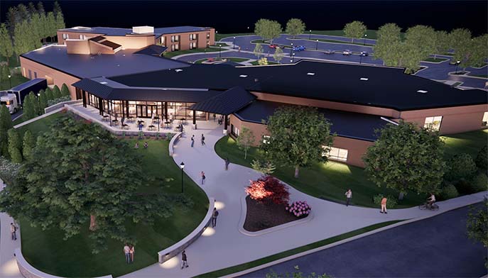 Artist's rendering of the new residence hall building, showcasing modern design and vibrant landscaping.