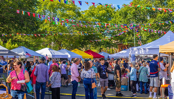 Crowded outdoor festival with colorful tents and international flags strung above on a sunny day.