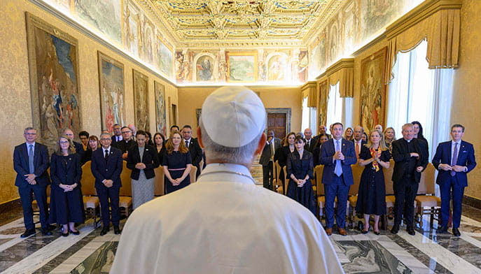 Attendants of an Association of Jesuit Colleges and Universities (AJCU) delegation meeting with Pope Leo XIV.