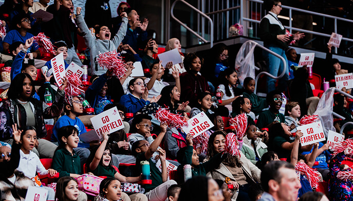 Energetic college sports crowd cheers with red-and-white pom-poms and “Go Fairfield” and “Fairfield Stags” signs in the stands.