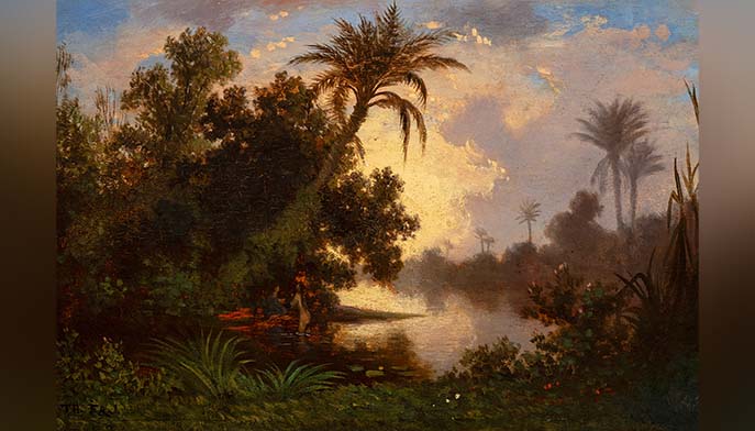 A lush landscape painting, “Along the Nile” by artist Charles-Théodore Frère, shows a sunlit tropical river framed by palms, dense greenery, and flowers beneath a glowing sunset, creating a serene mood.