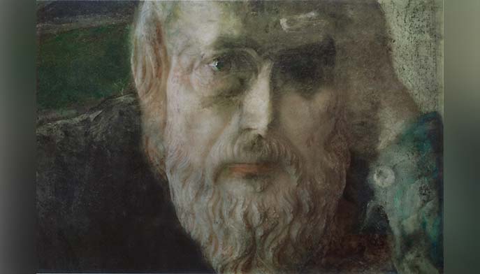 Close-up photograph by artist James Welling, of a portrait of an elderly, bearded man, Plutarch, with piercing eyes, rendered in muted, shadowy tones that create a somber, introspective mood.