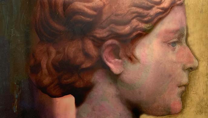 An artwork titled “Apollo” by artist James Welling, a close-up photograph with oil painting over it of a young person in right-facing profile, with wavy auburn hair and rosy skin against a muted brown background; the mood is quiet and contemplative.