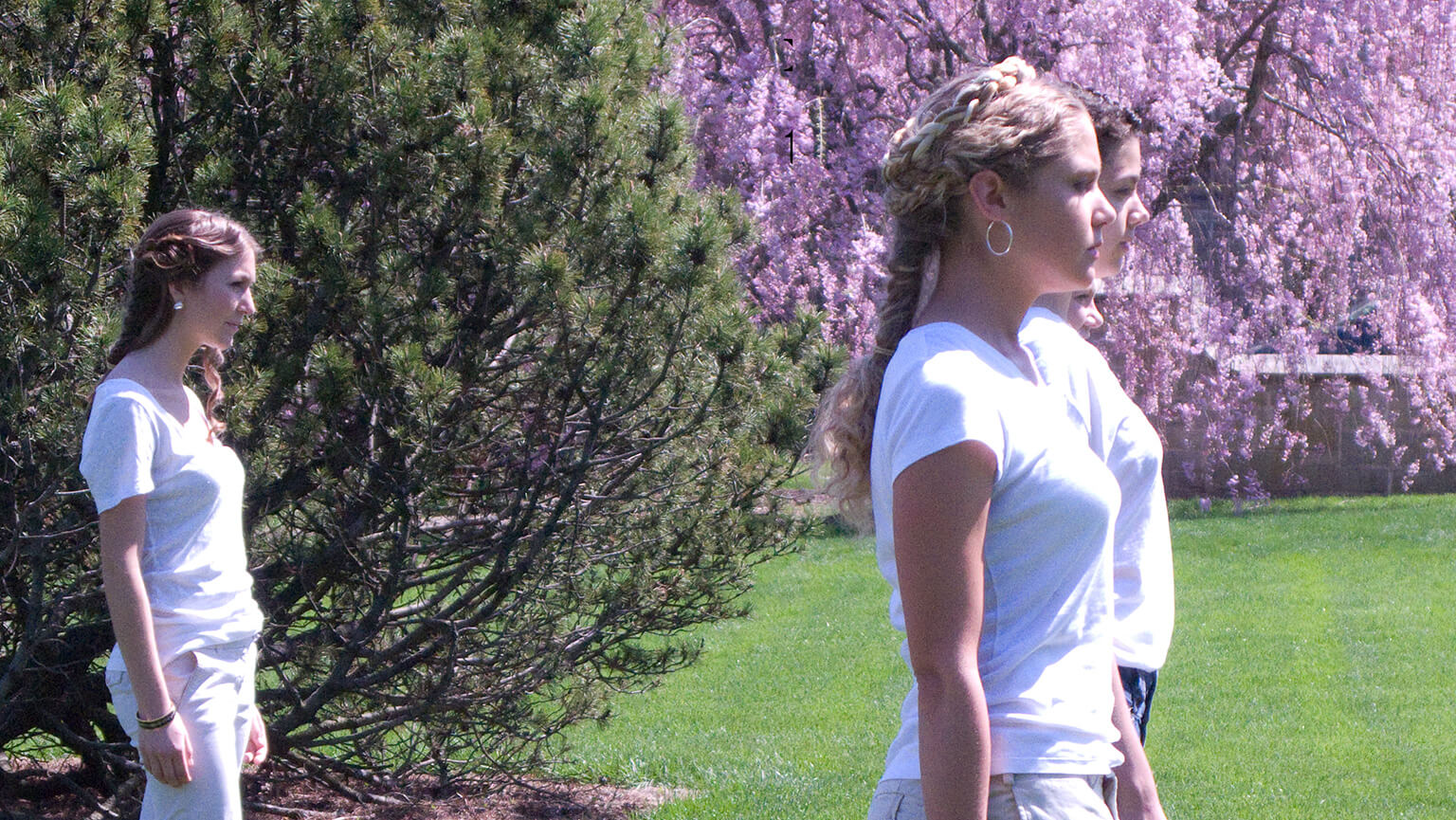 A woman is positioned in a grassy area, gazing ahead with a serene expression, surrounded by nature.