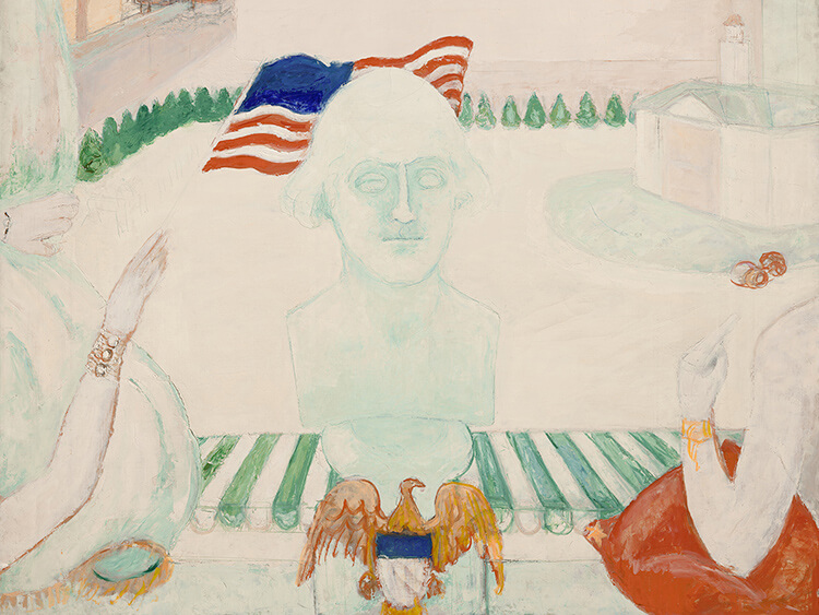 Painting of a pale bust with an American flag, flanked by two abstract figures. A small eagle with a shield is below it, creating a whimsical and patriotic tone.