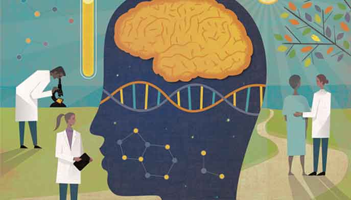 A dawing of scientists in lab coats around head with brain and gene helix in center.