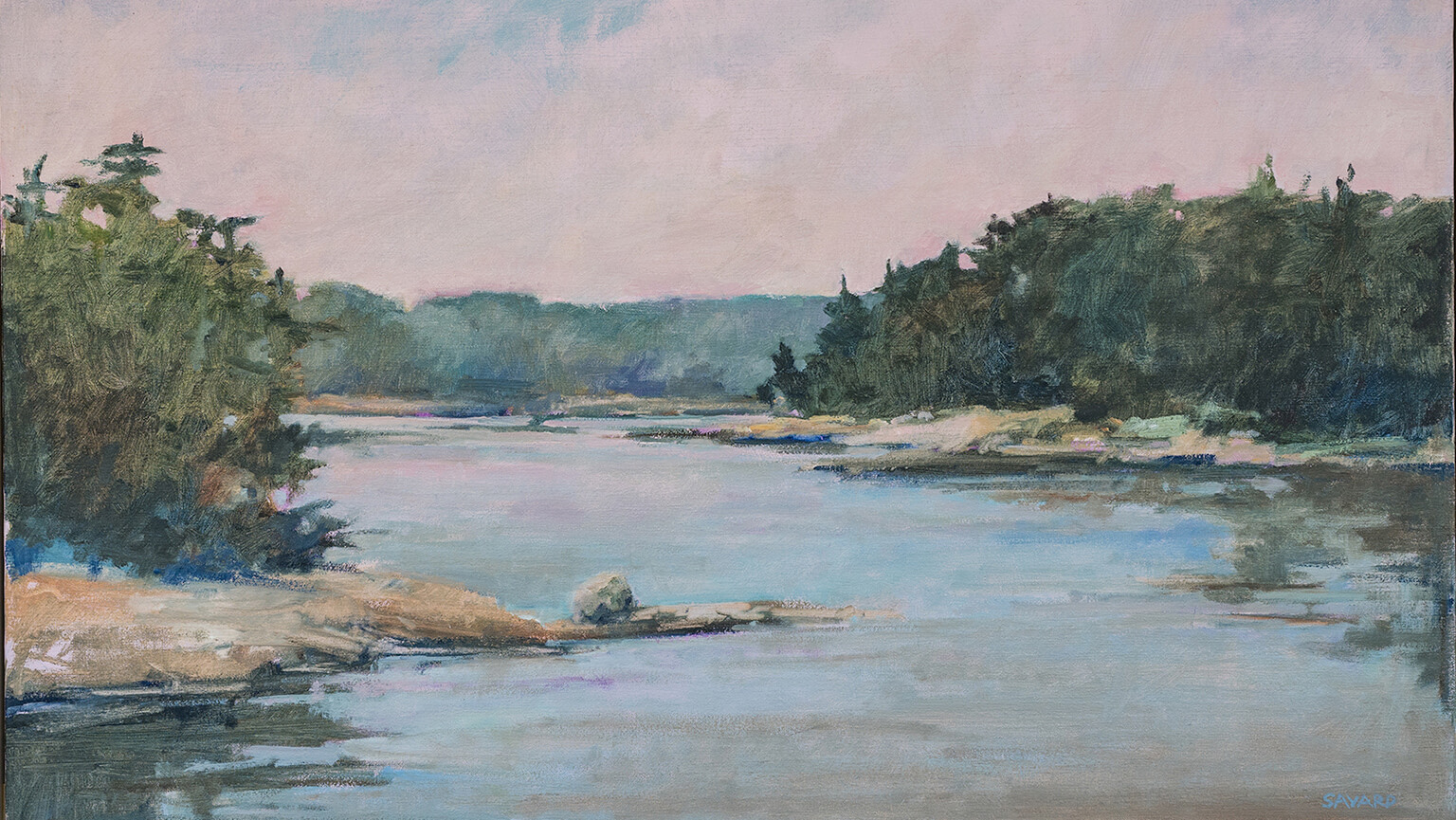 A serene painting depicting a river flowing through lush trees and scattered rocks, capturing nature's tranquility.