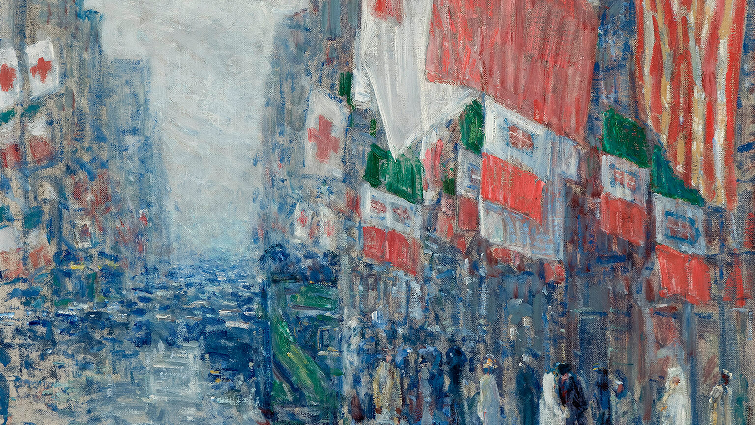 A vibrant street scene featuring flags and people strolling along the sidewalk, capturing a lively atmosphere. Oil on canvas.