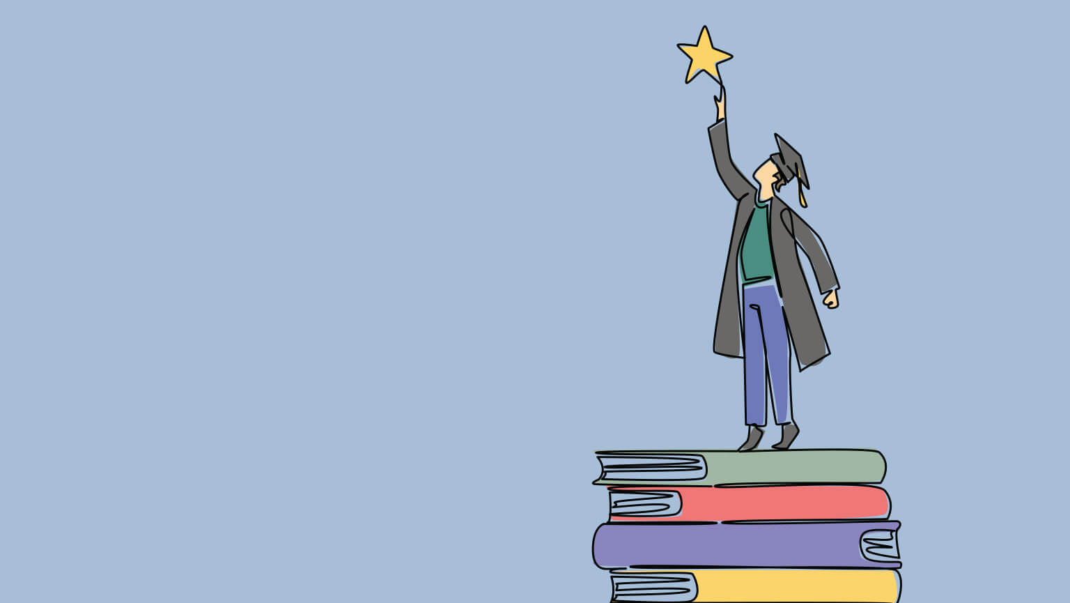 A graduate in cap and gown stands on a stack of colorful books, reaching for a star, symbolizing achievement and aspirations on a light blue background.