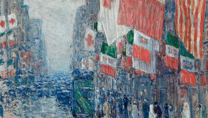 A vibrant street scene featuring flags and people strolling along the sidewalk, capturing a lively atmosphere. Oil on canvas.