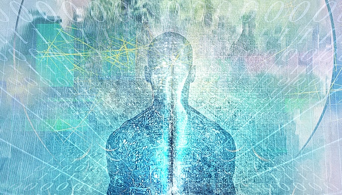 Abstract digital artwork of a figure surrounded by binary code and network lines depicting the digitized human consciousness.