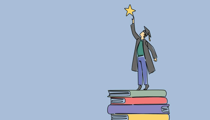 A graduate in cap and gown stands on a stack of colorful books, reaching for a star, symbolizing achievement and aspirations on a light blue background.