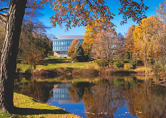 The tranquil pond reflects a building, enhancing the peaceful atmosphere of the surrounding landscape.
