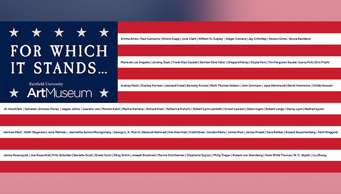 A close-up of an american flag, showcasing its colors and symbols with writing over it that reads 'For Which It Stands...