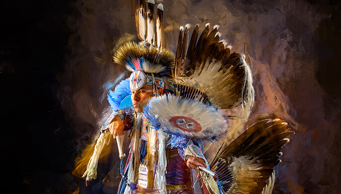 A painting depicting a Native American man dressed in traditional costume, showcasing cultural attire and expression.