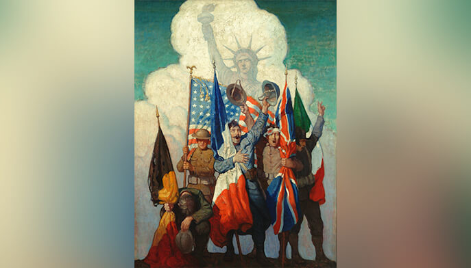 A painting depicting a diverse group of people proudly holding various flags in a vibrant outdoor setting.