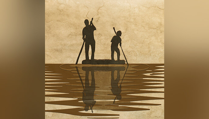 Two silhouetted figures stand on a raft, paddling across calm, golden water, creating gentle ripples. The scene is serene and timeless.