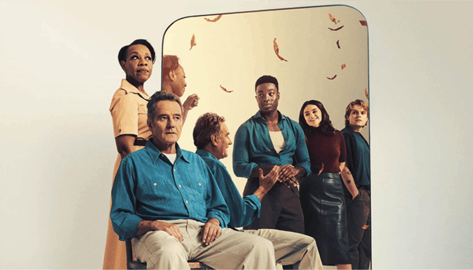 A group of six people stand or sit in front of a mirror with expressions ranging from contemplative to hopeful, positioned against a backdrop of falling autumn leaves.