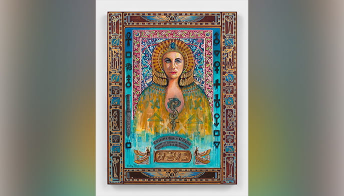Art nouveau portrait of an Egyptian queen with a golden halo, ornate jewelry, and blue-gold robes, framed by vivid Egyptian symbols; regal and mystical.