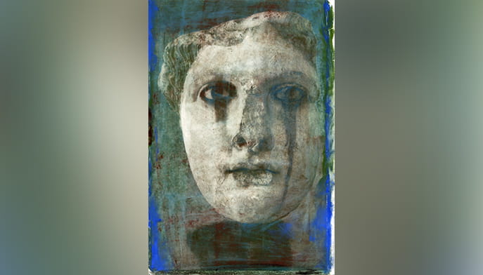 Painted portrait of a solemn, androgynous face with pale skin and shadowed eyes, set against a weathered blue-green background.