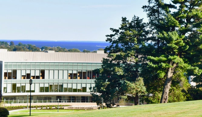 Image of Fairfield campus with Long Island Sound visible on the horizon